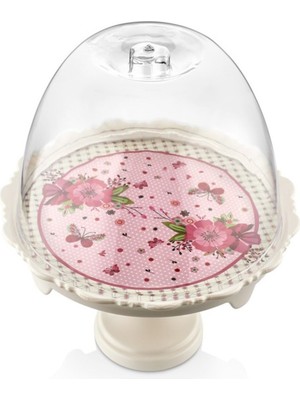 Desenli Ayaklı ve Kapaklı Kek Pasta Servis Tabağı Kek Fanus