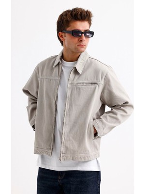 Erkek Bej Oversize Fermuarlı Kot Ceket