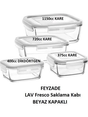 Feyzade Fresco Kilitli Cam Saklama Kabı Seti Beyaz Kapak 4 Adet (1150CC-720CC-400CC-375CC)