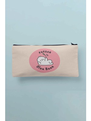 Şık Bej Baskılı Bez Makyaj ve Kalem Çantası, Hafif ve Kullanışlı Tasarım