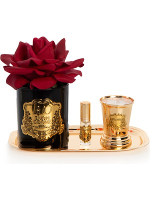Siyah Cam Gold Pirinç Mum ve Gül Set Kırmızı