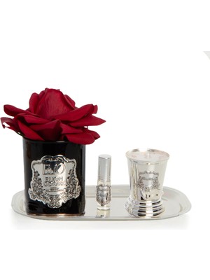 Siyah Cam Silver Pirinç Mum ve Gül Set Kırmızı
