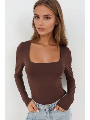 Hiccup Kadınlar Slim Fit Kare Yaka Esnek Üst Koyu Mocha Kahve