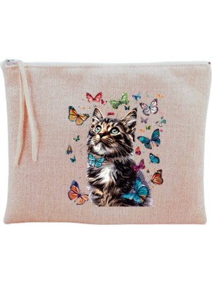 Kelebek ve Kedi Detaylı Şık Makyaj Çantası, Bej Renk Seçeneği