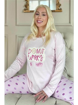 Pijama Evi Toz Pembe Donut Worry Desenli Termal Kadın Pijama Takımı