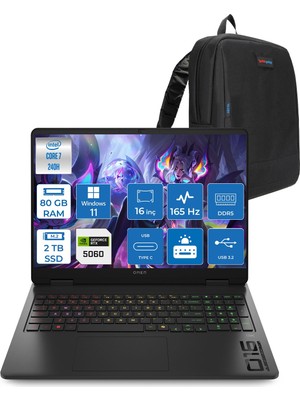 Hp Omen W16-AM0017NT Intel Core 7 240H 80GB Ddr5 2tb SSD Windows 11 Pro RTX5060 8gb Gddr7 16 Inc Wuxga (1920 x 1200) IPS 165HZ 3ms 400NITS 100% Srgb Gaming Laptop WBQ1Z0EAP46 + Zetta Çanta