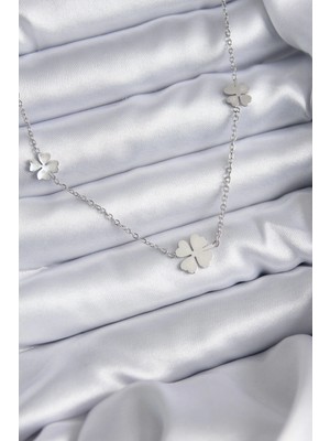 Bfs 316L Çelik Zincir Gümüş Renk Yonca Model Kadın Kolye