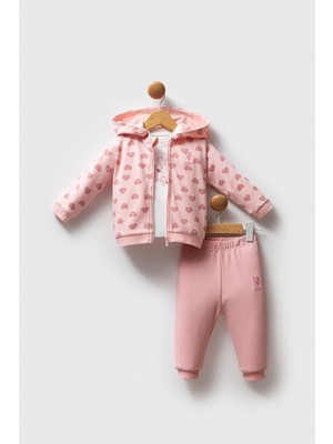 U.S. Polo Assn. U.s. Polo Assn Kız Bebek 3'lü Takım Açık Pembe Kalp Desenli 9 - 12 Ay Konforlu Giyim