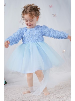 ALYRA Kız Bebek Elbise Uzun Kollu Fiyonklu Güllü Doğum Günü Parti Düğün Özel Gün Abiye Kız Çocuk Elbise Mavi ALY1020