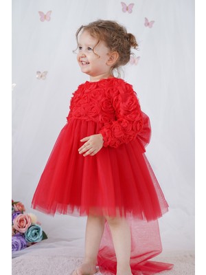 ALYRA Kız Bebek Elbise Uzun Kollu Fiyonklu Güllü Doğum Günü Parti Düğün Özel Gün Abiye Kız Çocuk Elbise Kırmızı ALY1020