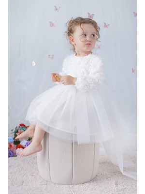 ALYRA Kız Bebek Elbise Uzun Kollu Fiyonklu Güllü Doğum Günü Parti Düğün Özel Gün Abiye Kız Çocuk Elbise Beyaz ALY1020