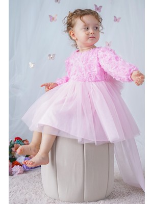 ALYRA Kız Bebek Elbise Uzun Kollu Fiyonklu Güllü Doğum Günü Parti Düğün Özel Gün Abiye Kız Çocuk Elbise Pembe ALY1020