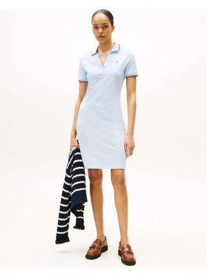 Tommy Hilfiger Kadın 1985 Ikonik Şerit Detaylı Dar Kesim Polo Mavi Elbise WW0WW45740C3Q