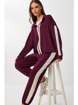 Kontrast Şeritli Örme Alt-Üst Takım LZV0035 Mürdüm