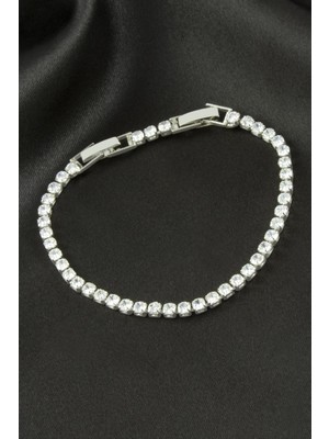 Sepetim Yuvarlak Zirkon Taşlı Lüks Kararmaz Bileklik 3 Mm-Gümüş Rengi