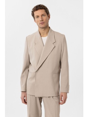 Antioch Açık Bej Kruvaze Kapama Fleto Cepli Erkek Blazer Ceket