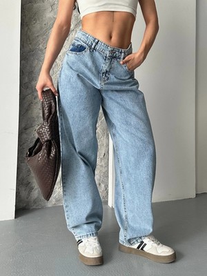 Baggy Kar Yıkama Orta Mavi Jeans Pantolon D2007