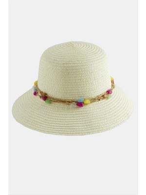 Sepetim Renkli Doğaltaşlı Hasır Şapka-Krem