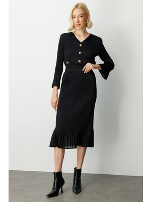 Ekol Etek Ucu Piliseli Midi Etek Siyah 03915