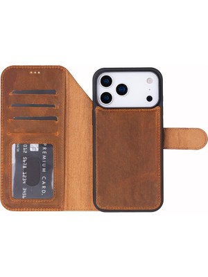 Apple iPhone 17 Pro Max Için, Hakiki Deri, El Yapımı Cüzdanlı Kılıf, Magsafe ile Uyumlu, Iç Yüzeyi Kadife, Karamel