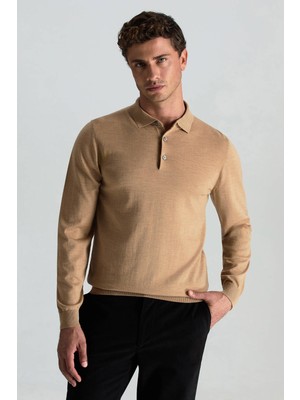 Merino Yünü Polo Yaka Camel Triko