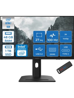 Msı Modern AM273QP Aı 1UM-241XTR Intel Core Ultra 7-155H 48GB Ddr5 1tb SSD Intel® Arc™ Graphics 100Hz 27 Inç 2k Wqhd 2560X1440 IPS Freedos Siyah Allinone BILG.241XTRF13+ZETTAUSBBELLEK