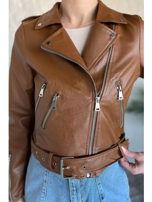 Kemer Detaylı Suni Deri Kadın Ceket