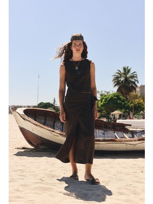 Antioch Kahve Keten Karışımlı Kuşaklı Kadın Etek