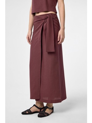 Antioch Bordo Keten Karışımlı Kuşaklı Kadın Etek