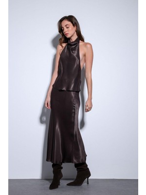 Antioch Kahve Saten Midi Etek