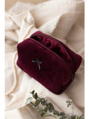Şık Bordo Kadife Makyaj Çantası, Orta Boy, 1 Adet