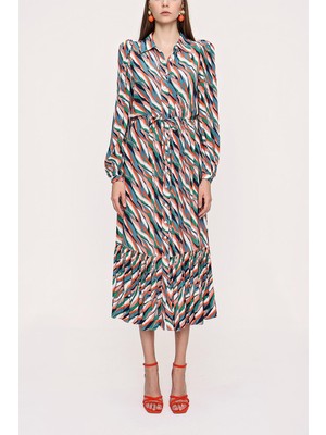 Karışık Renkler Büzgülü Gömlek Elbise 94041