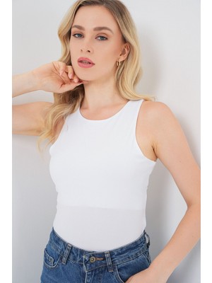 Hiccup Kadın BDART, Çıtçıtlı, Kolsuz, Yuvarlak Yakalı Bodysuit Beyaz