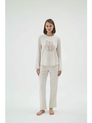 Kadın Bej Melanj Uzun Kollu Bisiklet Yaka Baskılı Pijama Takımı C0T2N271