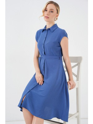 Hiccup Kadın BDART Kemer Detaylı Düğmeli Gömlek Yaka A Form Midi Elbise Oxford Mavisi