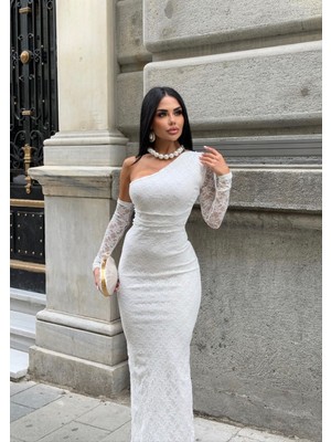 Dantelli Tek Kol Uzun Elbise