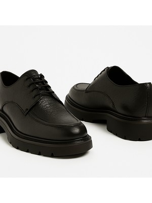 Growish GR0396 Hakiki Floter Deri Italyan Tarz Siyah Yüksek Kalın Taban Spor Klasik Ayakkabı