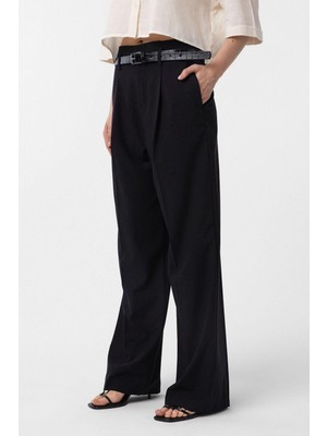 Antioch Siyah Yüksek Bel Pilili Kadın Pantolon