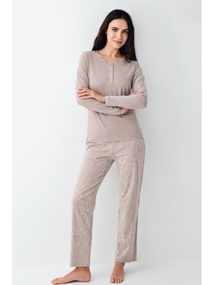 Pierre Cardin Kadın Desenli Pamuklu Modal Uzun Kollu Pijama Takım