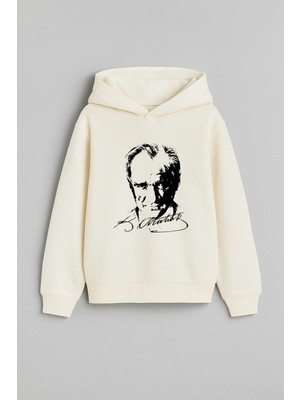 29 Ekim Cumhuriyet Bayramı Atatürk Baskılı Ekru Kapşonlu Çocuk Yetişkin Sweatshirt Hoodie