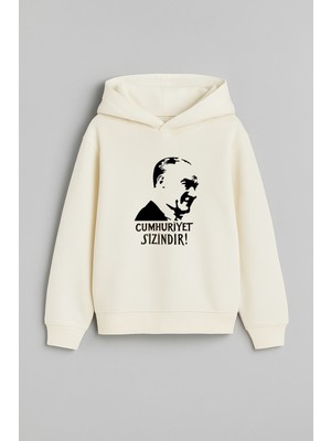 29 Ekim Cumhuriyet Bayramı Atatürk Baskılı Ekru Kapşonlu Çocuk Yetişkin Sweatshirt Hoodie