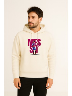Futbolcu Messi Baskılı Erkek Ekru Kapüşonlu Sweatshirt Hoodie