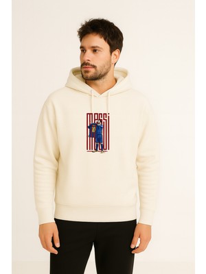 Futbolcu Messi Baskılı Erkek Ekru Kapüşonlu Sweatshirt Hoodie