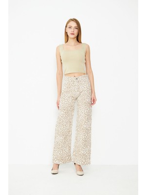 Kadın Leopar Desenli Yüksel Bel Geniş Paça Palazzo Pantolon
