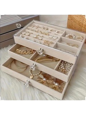 3 Çekmeceli Bölmeli Şeffaf Takı Kutusu | Mücevher Saklama Kutusu Krem Renk Seçeneği