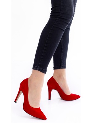 Kırmızı Süet Aynalı Stiletto Topuklu Kadın Klasik Ayakkabı 1501E