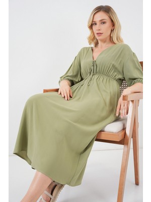 Hiccup Kadın Bdart V Yaka ve Bağlama Detaylı A Kesim Midi Elbise Çam Yeşili