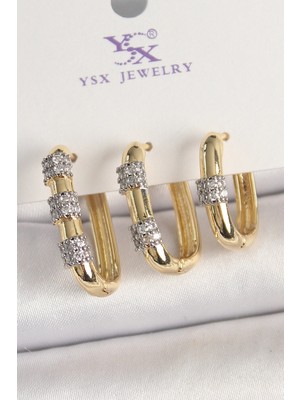 Bfs Pirinç Gold Renk 3'lü Halka Model Gümüş Zirkon Taş Detaylı Kadın Kombin Küpe