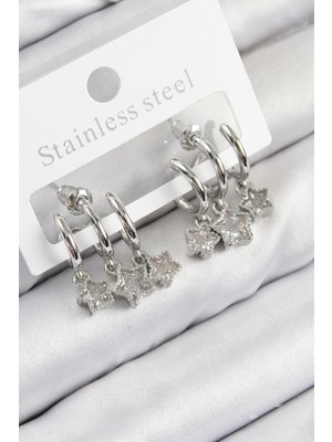 Bfs Pirinç Zirkon Taşlı Sallantılı Yıldız Model Gümüş Renk Kadın Küpe