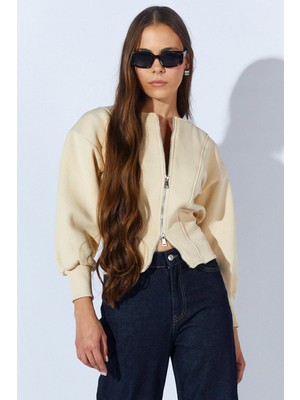 Kadın Tereyağ Kalın Ribana Detaylı Fermuarlı Üç Iplik Sweatshirt